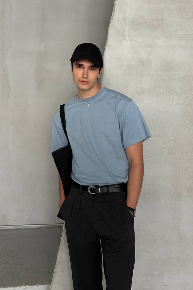 Erkek %100 Pamuk Oversize Basic T-shirt Açık Mavi - 1