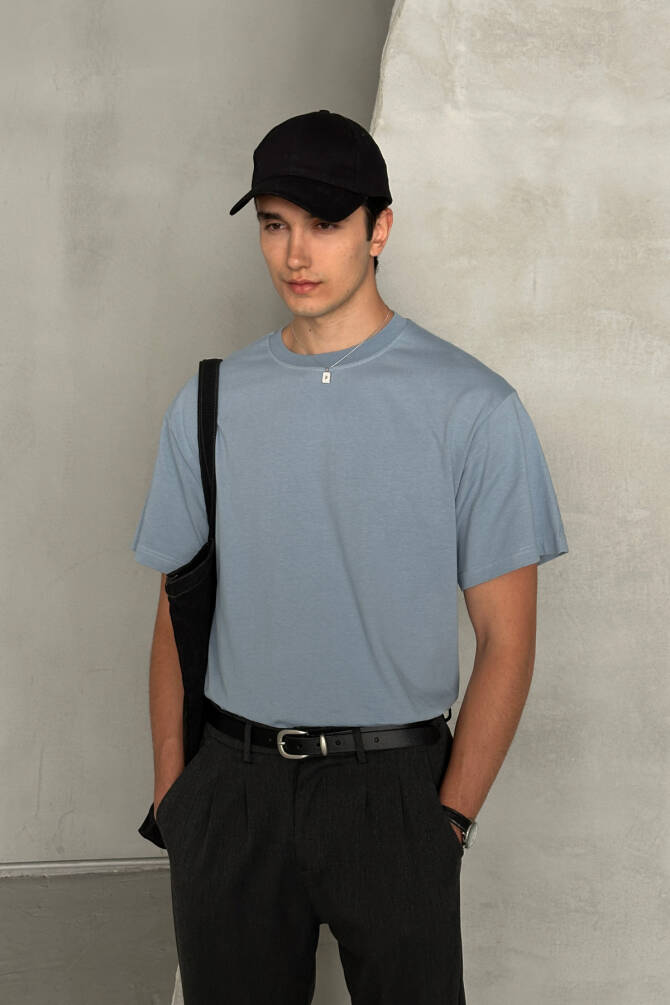 Erkek %100 Pamuk Oversize Basic T-shirt Açık Mavi - 2