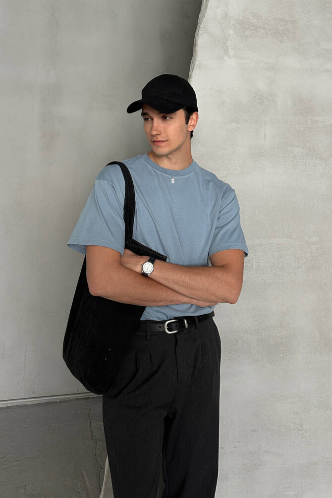Erkek %100 Pamuk Oversize Basic T-shirt Açık Mavi - 3