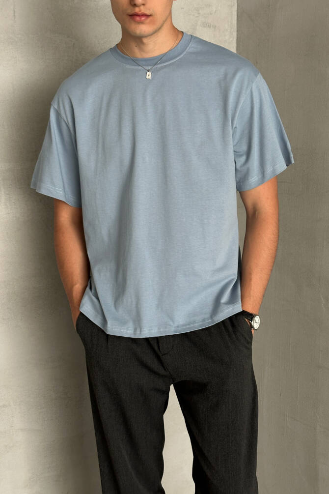 Erkek %100 Pamuk Oversize Basic T-shirt Açık Mavi - 4