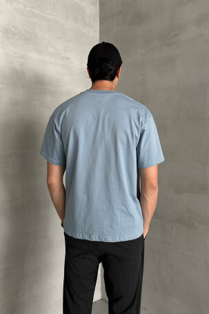 Erkek %100 Pamuk Oversize Basic T-shirt Açık Mavi - 5