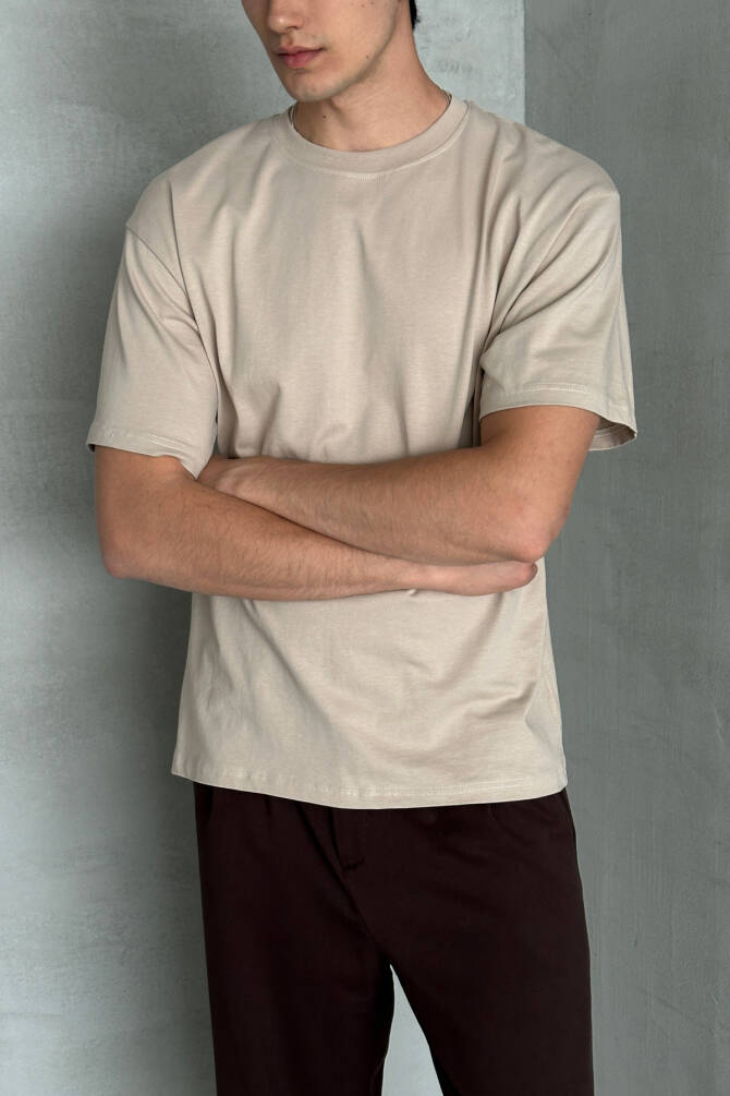 Erkek %100 Pamuk Oversize Basic T-shirt Bej - 2
