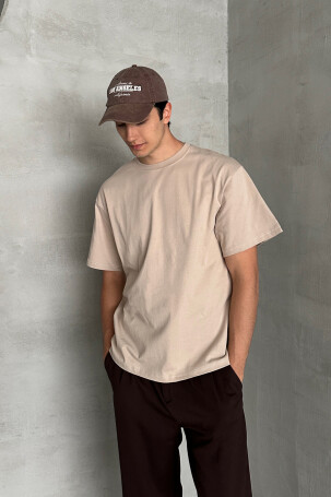 Erkek %100 Pamuk Oversize Basic T-shirt Bej - 3