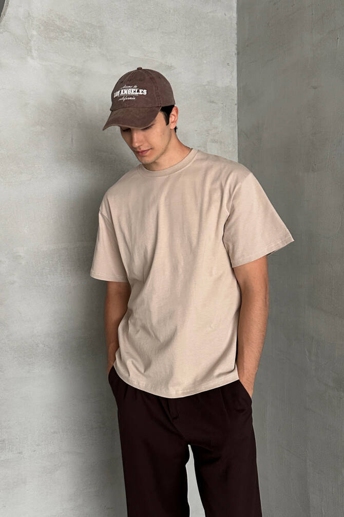 Erkek %100 Pamuk Oversize Basic T-shirt Bej - 3