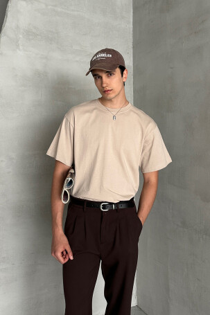Erkek %100 Pamuk Oversize Basic T-shirt Bej - 4