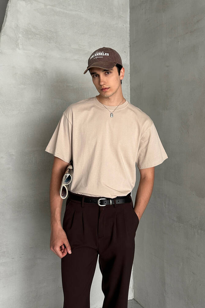 Erkek %100 Pamuk Oversize Basic T-shirt Bej - 4