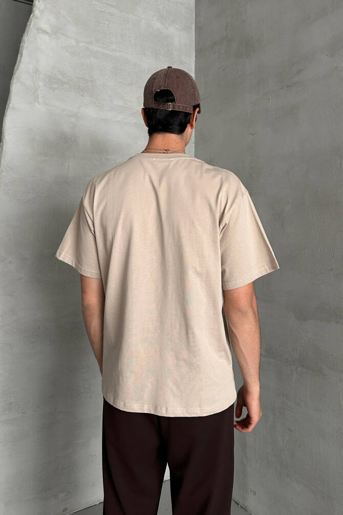 Erkek %100 Pamuk Oversize Basic T-shirt Bej - 5