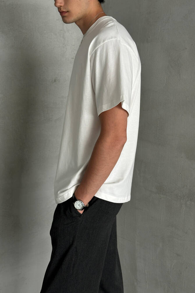 Erkek %100 Pamuk Oversize Basic T-shirt Beyaz - 2