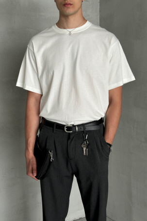 Erkek %100 Pamuk Oversize Basic T-shirt Beyaz - 3