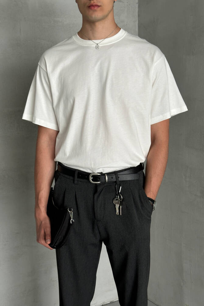 Erkek %100 Pamuk Oversize Basic T-shirt Beyaz - 3