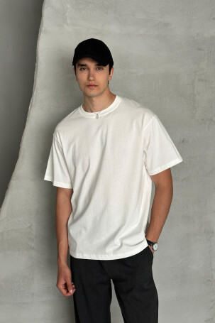 Erkek %100 Pamuk Oversize Basic T-shirt Beyaz - 4