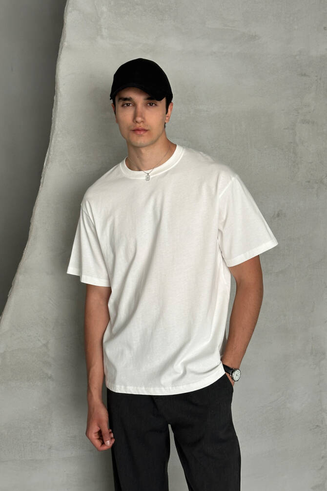 Erkek %100 Pamuk Oversize Basic T-shirt Beyaz - 4