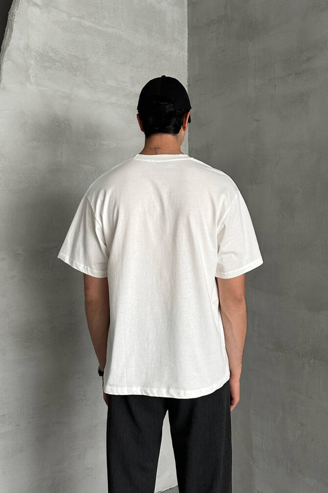Erkek %100 Pamuk Oversize Basic T-shirt Beyaz - 5