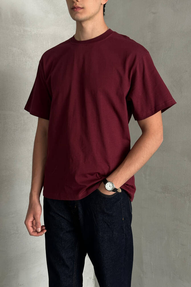 Erkek %100 Pamuk Oversize Basic T-shirt Bordo - 2