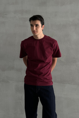 Erkek %100 Pamuk Oversize Basic T-shirt Bordo - 3