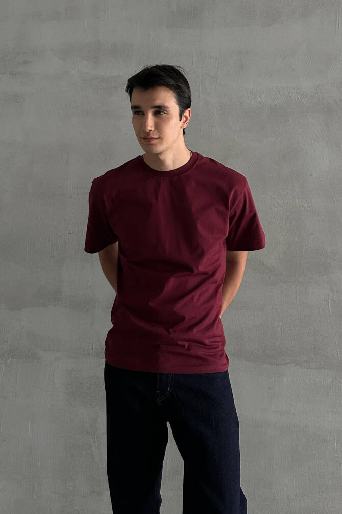 Erkek %100 Pamuk Oversize Basic T-shirt Bordo - 3