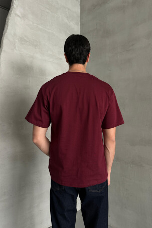 Erkek %100 Pamuk Oversize Basic T-shirt Bordo - 4