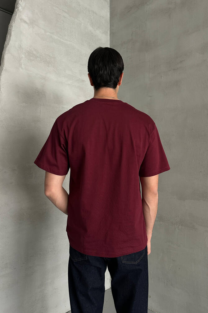 Erkek %100 Pamuk Oversize Basic T-shirt Bordo - 4
