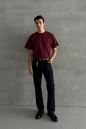 Erkek %100 Pamuk Oversize Basic T-shirt Bordo - 5