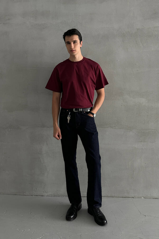 Erkek %100 Pamuk Oversize Basic T-shirt Bordo - 5
