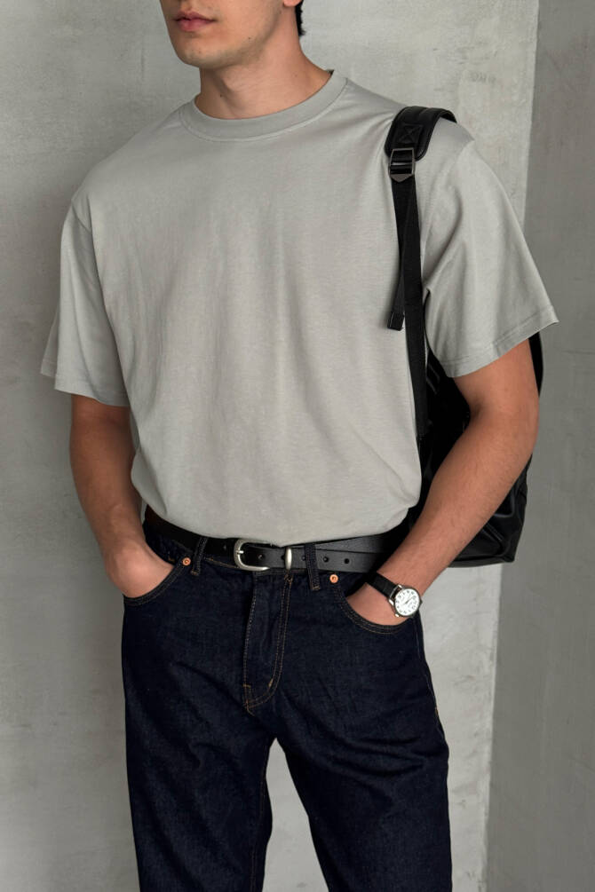 Erkek %100 Pamuk Oversize Basic T-shirt Gri - 1