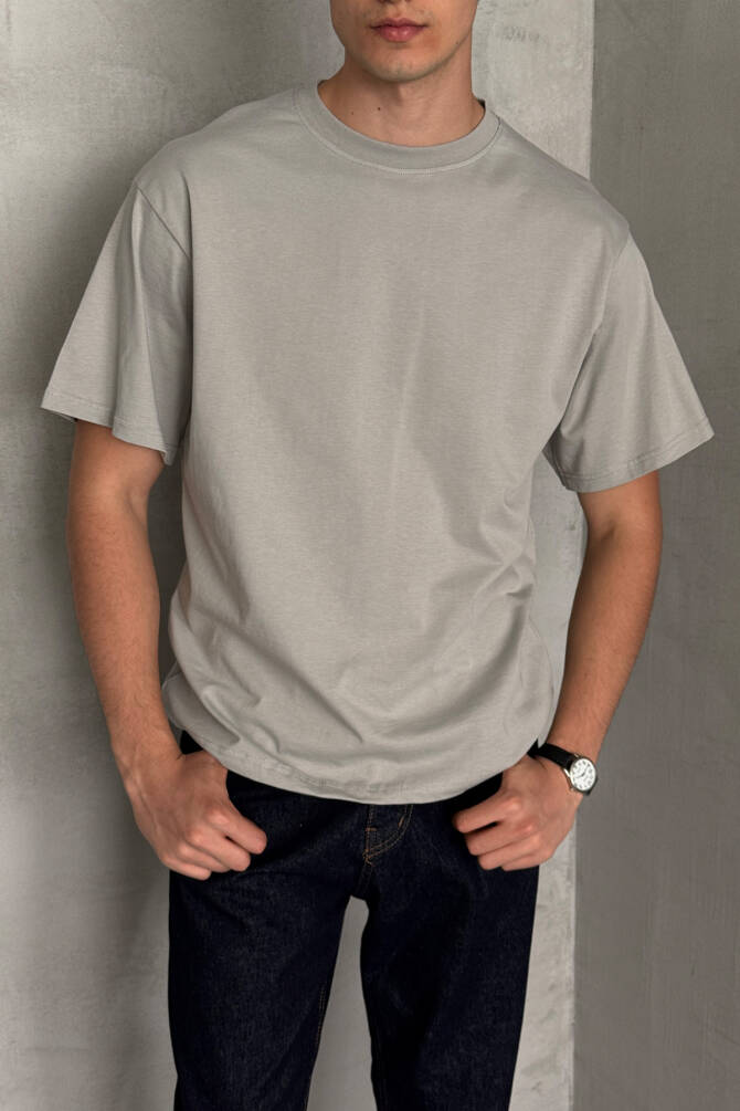 Erkek %100 Pamuk Oversize Basic T-shirt Gri - 2