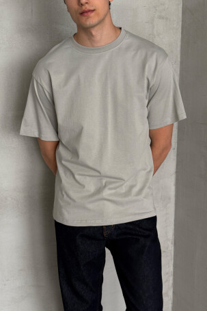 Erkek %100 Pamuk Oversize Basic T-shirt Gri - 3