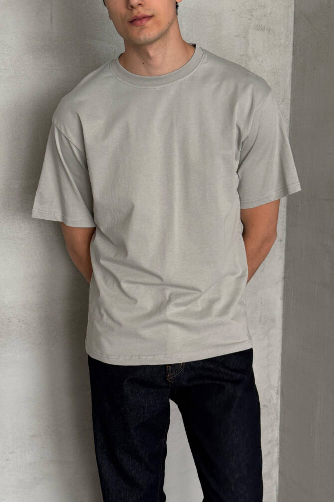 Erkek %100 Pamuk Oversize Basic T-shirt Gri - 3