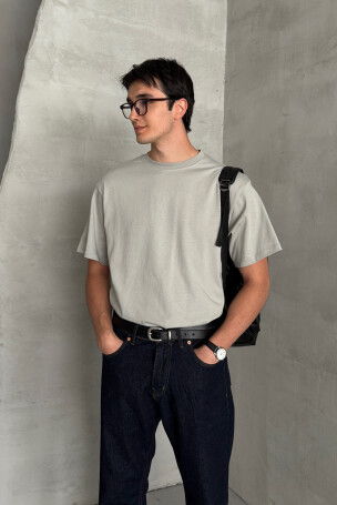Erkek %100 Pamuk Oversize Basic T-shirt Gri - 4