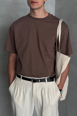 Erkek %100 Pamuk Oversize Basic T-shirt Kahverengi - 1