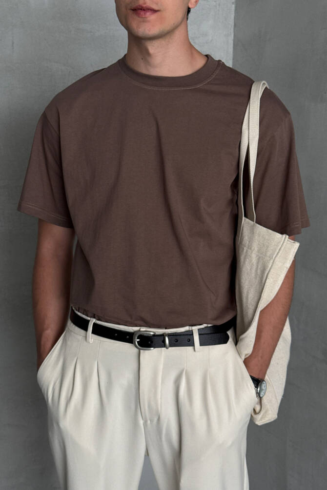 Erkek %100 Pamuk Oversize Basic T-shirt Kahverengi - 1