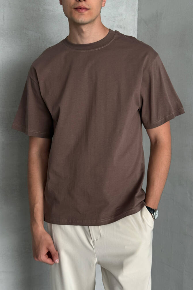 Erkek %100 Pamuk Oversize Basic T-shirt Kahverengi - 2