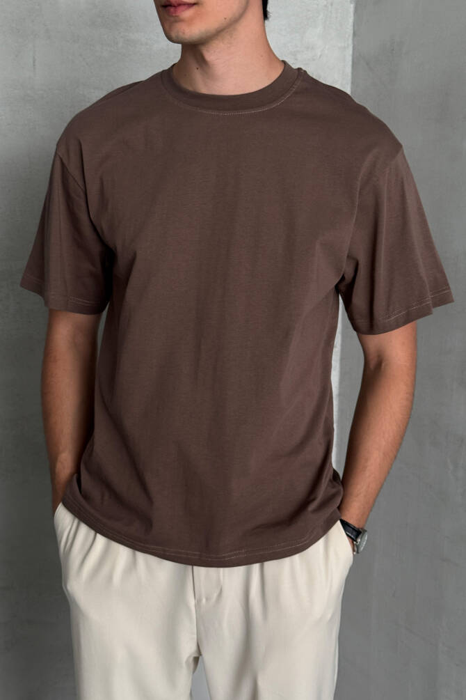 Erkek %100 Pamuk Oversize Basic T-shirt Kahverengi - 3