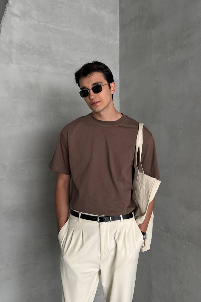 Erkek %100 Pamuk Oversize Basic T-shirt Kahverengi - 4