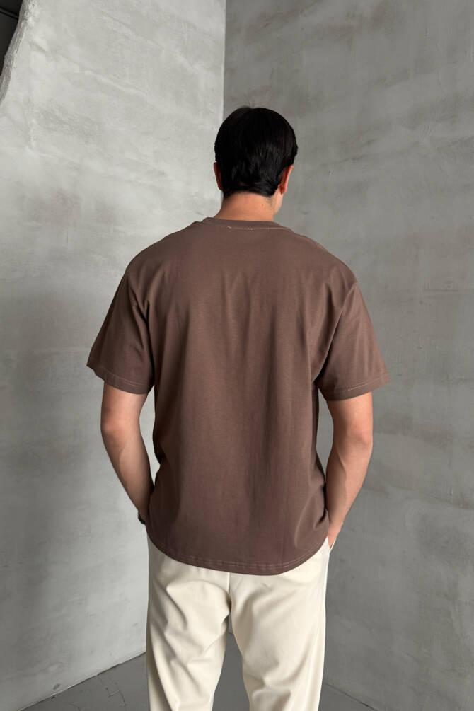 Erkek %100 Pamuk Oversize Basic T-shirt Kahverengi - 5