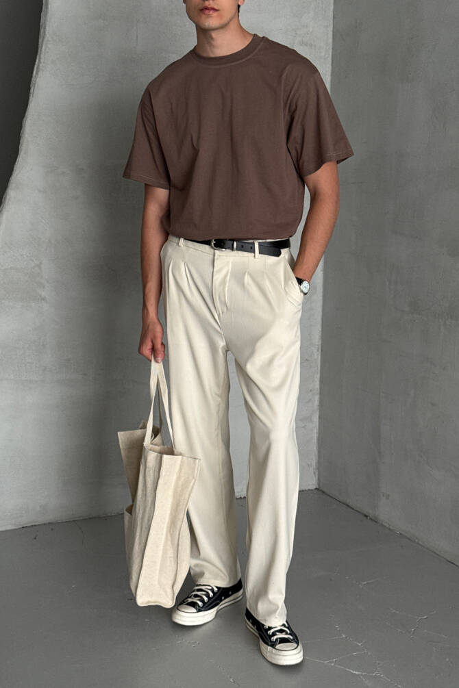 Erkek %100 Pamuk Oversize Basic T-shirt Kahverengi - 6
