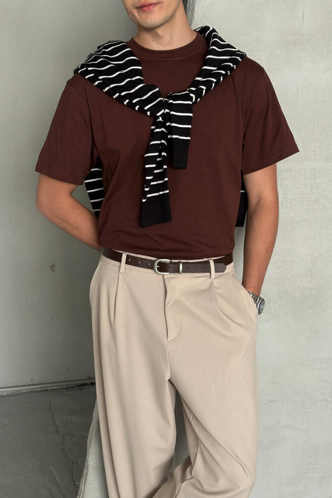 Erkek %100 Pamuk Oversize Basic T-shirt Koyu Kahve - 1