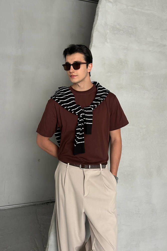 Erkek %100 Pamuk Oversize Basic T-shirt Koyu Kahve - 2
