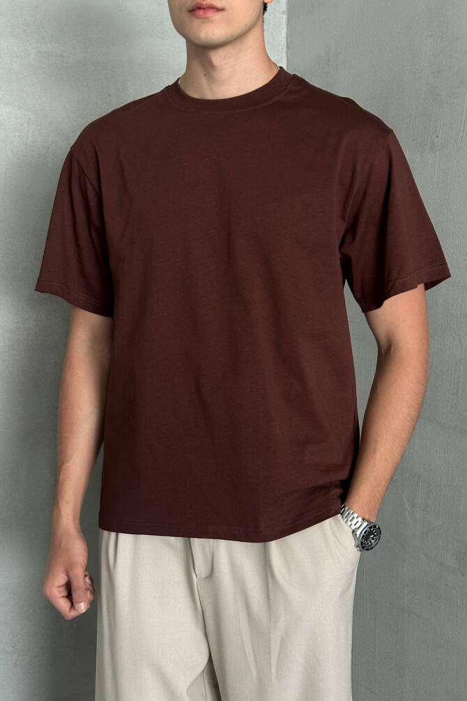 Erkek %100 Pamuk Oversize Basic T-shirt Koyu Kahve - 3