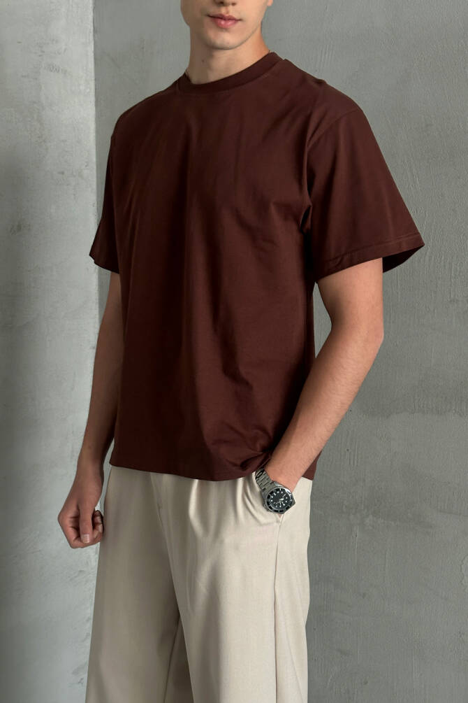 Erkek %100 Pamuk Oversize Basic T-shirt Koyu Kahve - 4