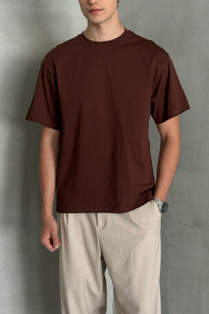 Erkek %100 Pamuk Oversize Basic T-shirt Koyu Kahve - 5