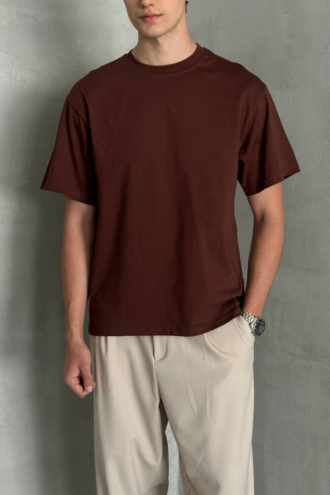 Erkek %100 Pamuk Oversize Basic T-shirt Koyu Kahve - 5