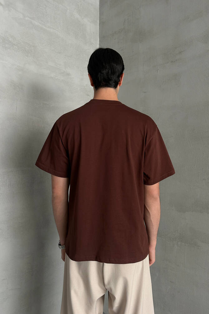 Erkek %100 Pamuk Oversize Basic T-shirt Koyu Kahve - 6