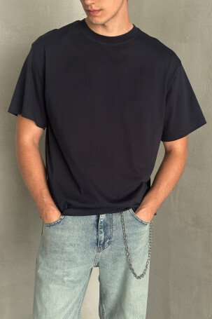 Erkek %100 Pamuk Oversize Basic T-shirt Lacivert 
