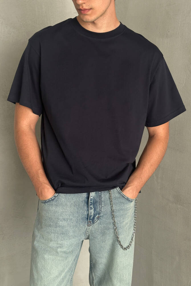 Erkek %100 Pamuk Oversize Basic T-shirt Lacivert - 1