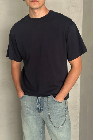 Erkek %100 Pamuk Oversize Basic T-shirt Lacivert - 2