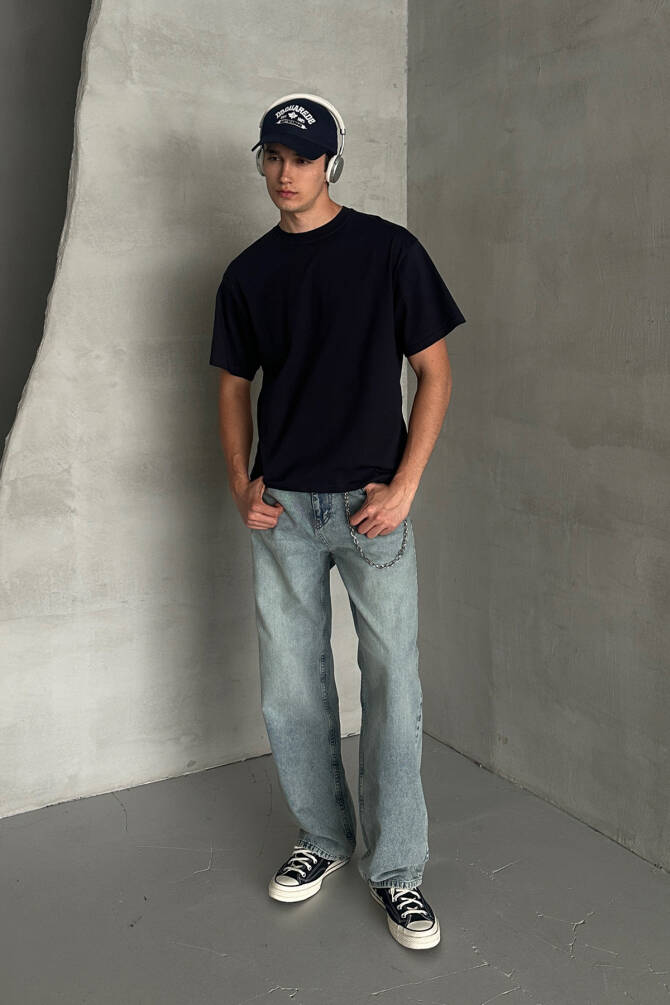 Erkek %100 Pamuk Oversize Basic T-shirt Lacivert - 4