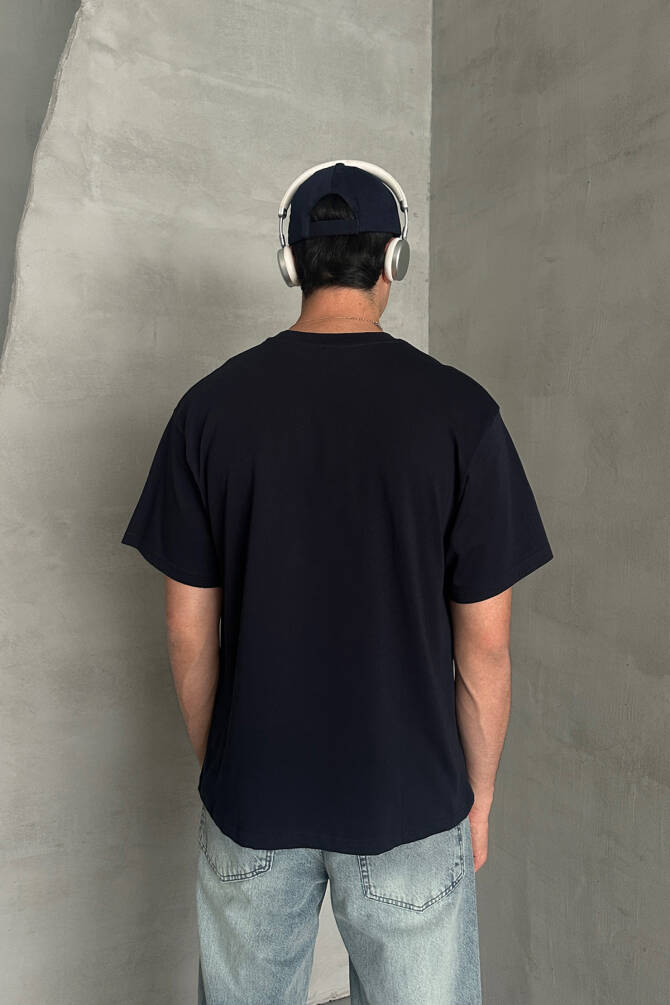 Erkek %100 Pamuk Oversize Basic T-shirt Lacivert - 5