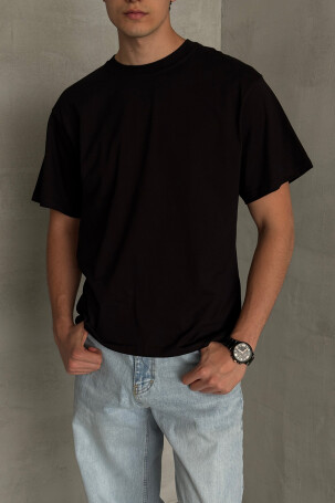 Erkek %100 Pamuk Oversize Basic T-shirt Siyah 