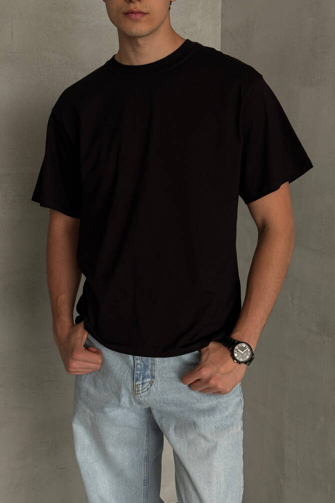 Erkek %100 Pamuk Oversize Basic T-shirt Siyah - 1